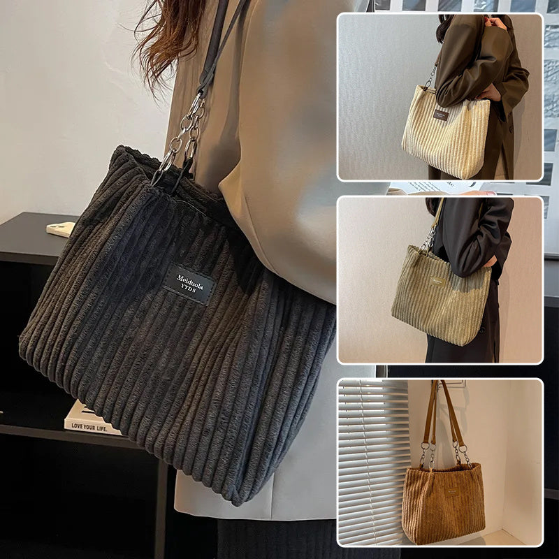 Retro Large Capacity Shoulder Bag Casual Simple Portable Shopper Tote Bag Corduroy Solid Commuter Zipper Women&