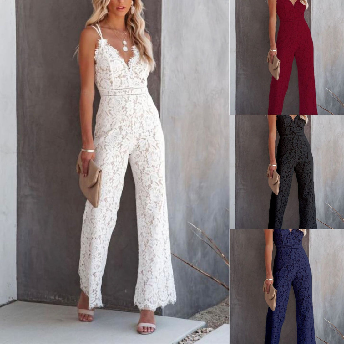 New Solid Color Lace Stitching Sleeveless Casual Suspender Jumpsuit