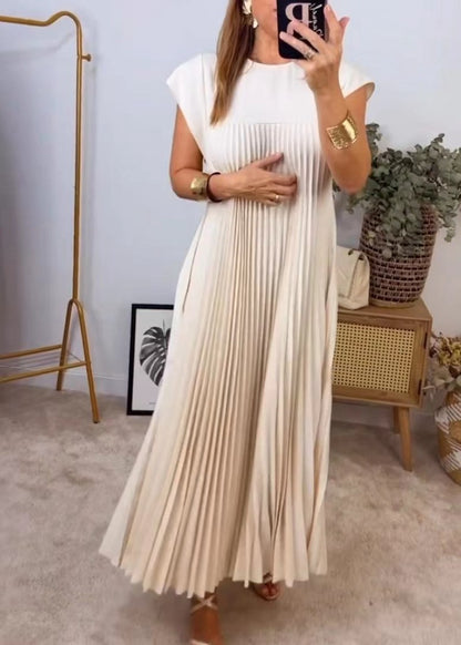 NEW Short Sleeve Pleated Long Dress Summer Round Neck Dress Women&