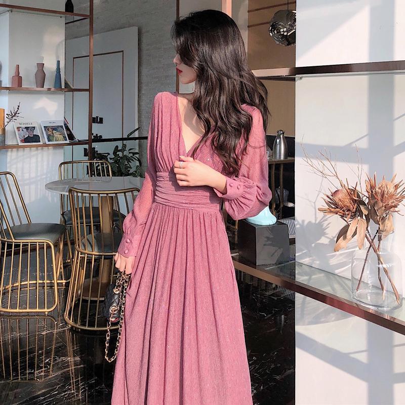 Design Sense Waist Pleated Temperament Long Sleeved Skirt Slim Dress