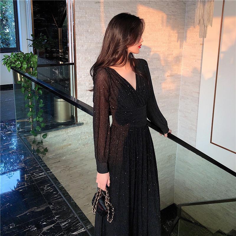 Design Sense Waist Pleated Temperament Long Sleeved Skirt Slim Dress