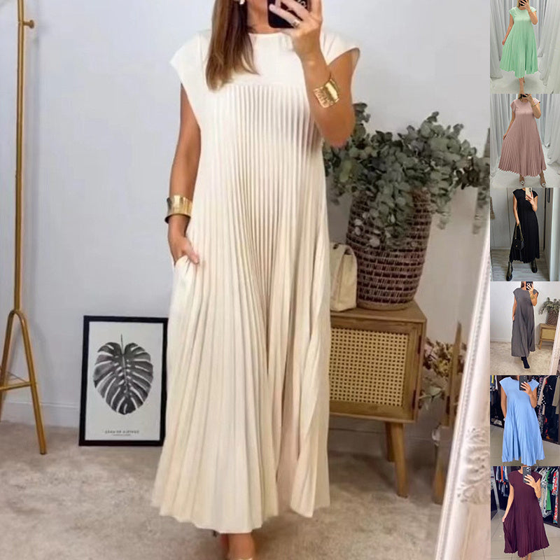 NEW Short Sleeve Pleated Long Dress Summer Round Neck Dress Women&