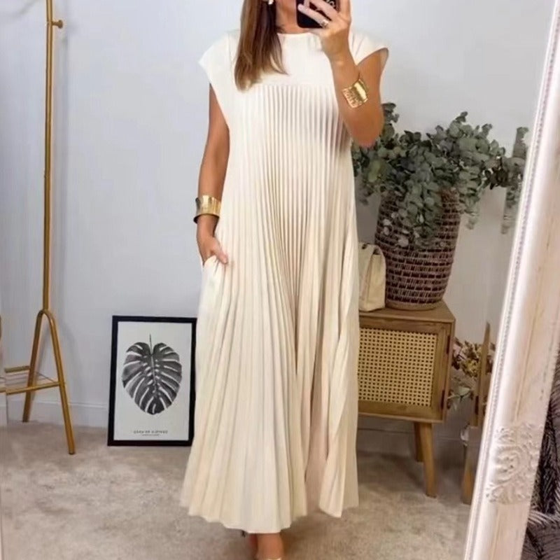 NEW Short Sleeve Pleated Long Dress Summer Round Neck Dress Women&