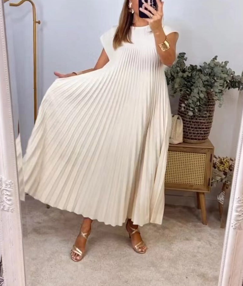 NEW Short Sleeve Pleated Long Dress Summer Round Neck Dress Women&