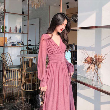 Design Sense Waist Pleated Temperament Long Sleeved Skirt Slim Dress