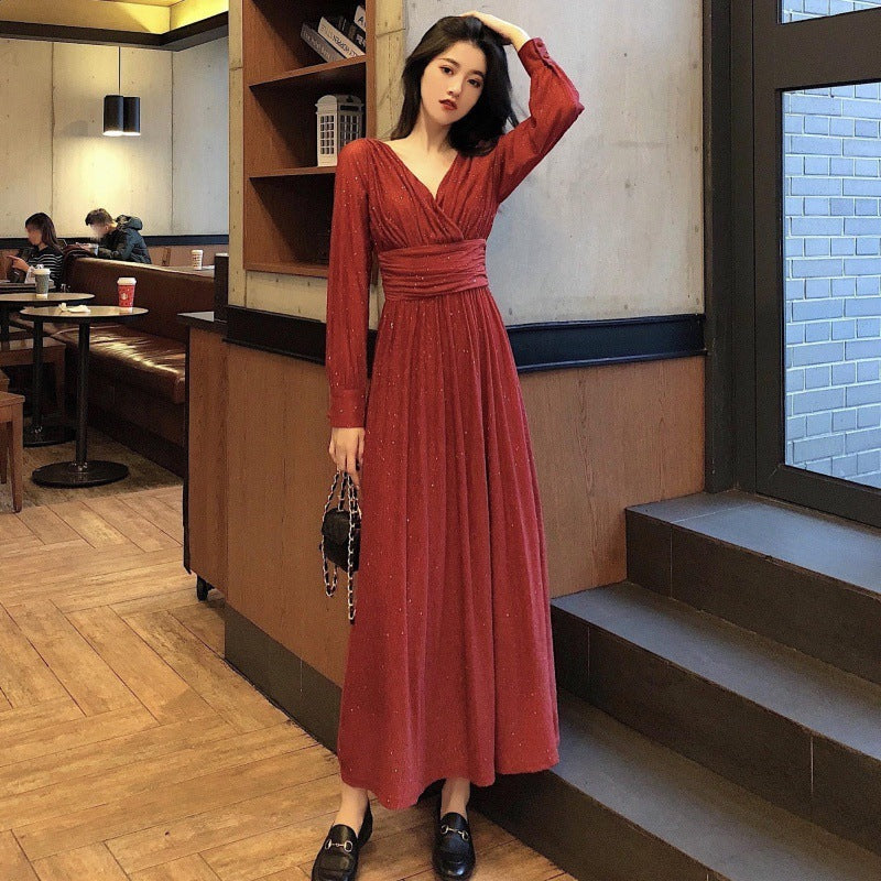 Design Sense Waist Pleated Temperament Long Sleeved Skirt Slim Dress